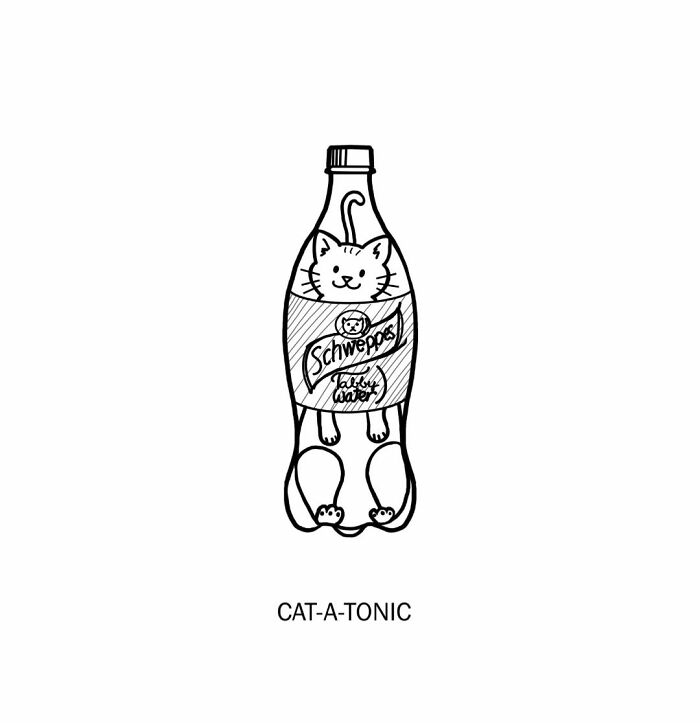 A cat lounging inside a tonic bottle, a witty black-and-white sketch that captures clever wordplay.