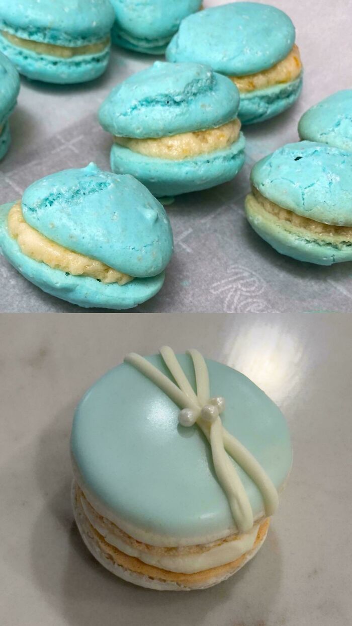 Vibrant blue macarons with flawless shells, showcasing a baker’s growing skill.