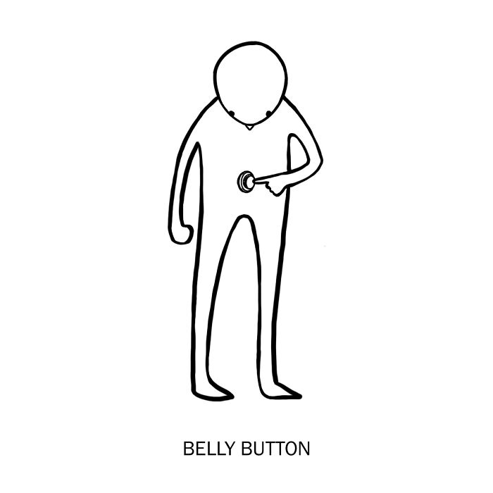 A person pressing a button on their belly, a minimalist sketch sparking wordplay giggles.