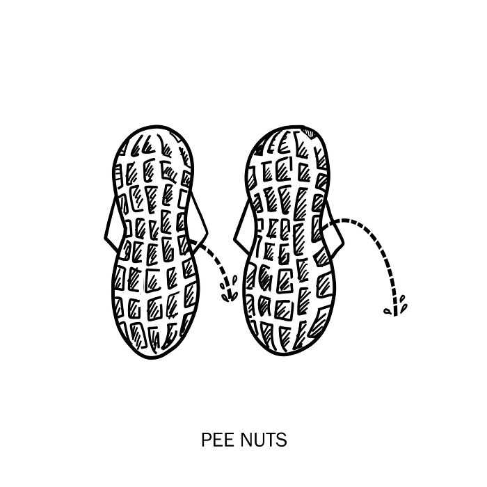 Two peanuts with arms in a cheeky scene, a playful doodle that brings wordplay to life with humor.