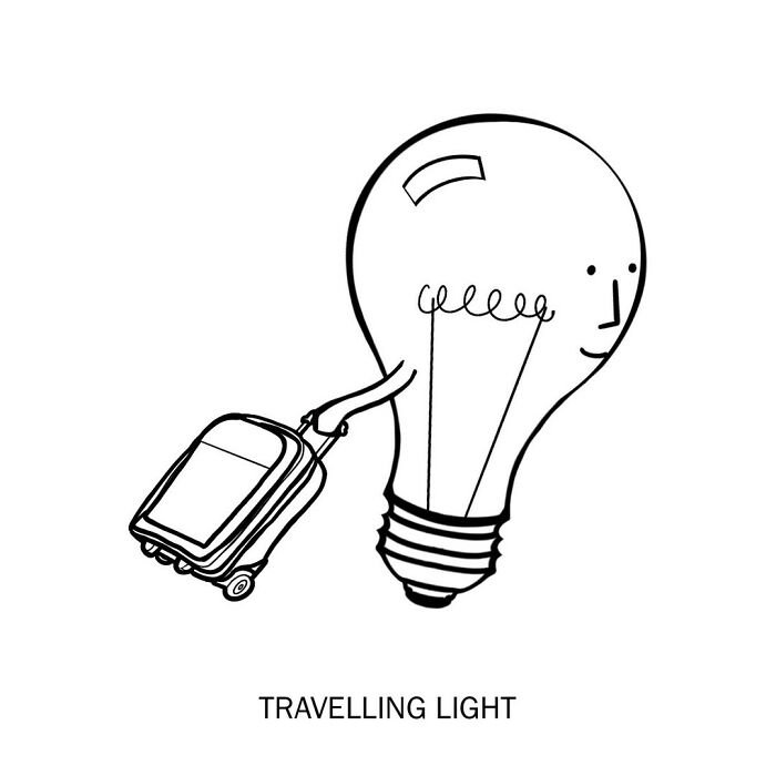 A light bulb toting a suitcase, ready to travel in a bright, witty wordplay sketch.