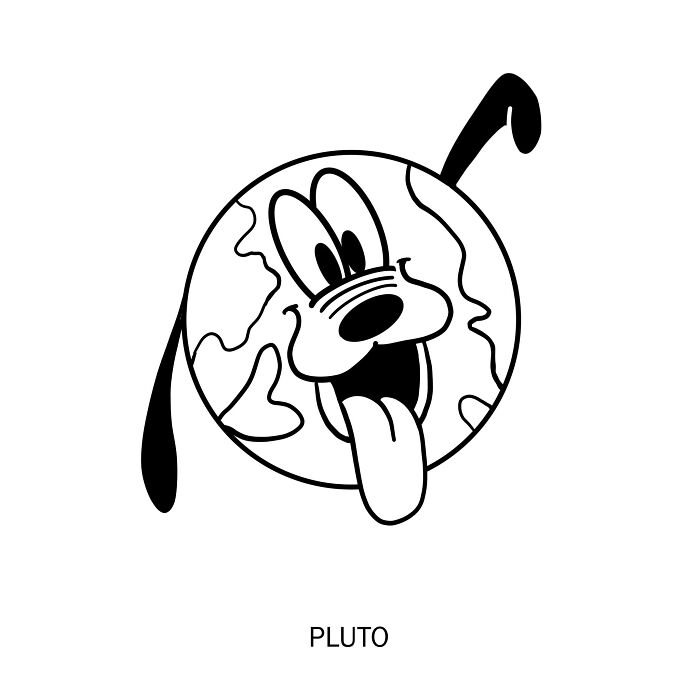 Pluto the dog with Earth’s continents on its fur, a cosmic twist in bold black-and-white.
