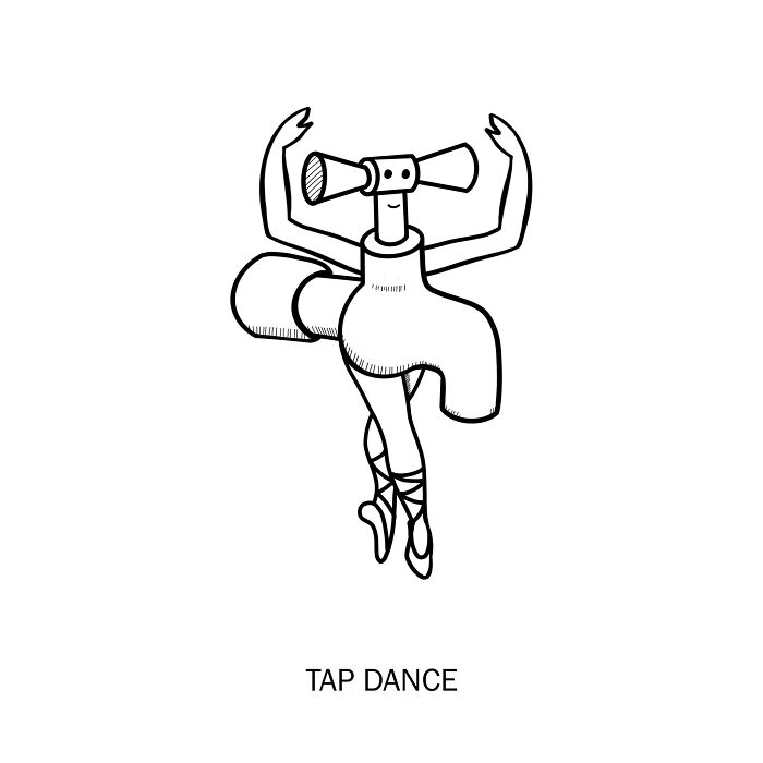 A tap with arms and ballet legs, dancing through a whimsical wordplay sketch.