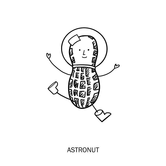 A peanut in an astronaut suit floats through space, a nutty twist on cosmic wordplay.