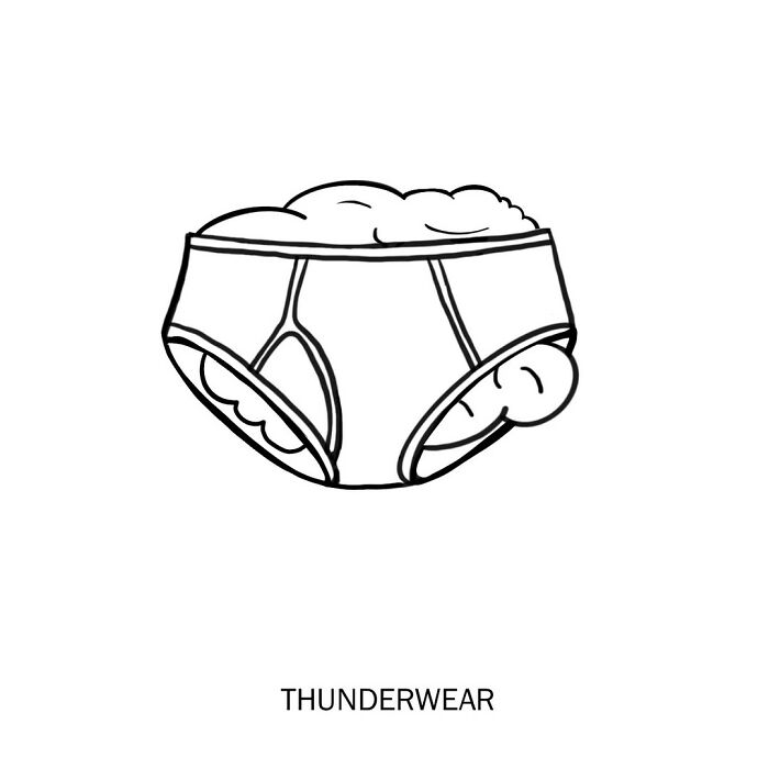 Underwear stuffed with clouds and lightning, a stormy twist on a clever wordplay doodle.