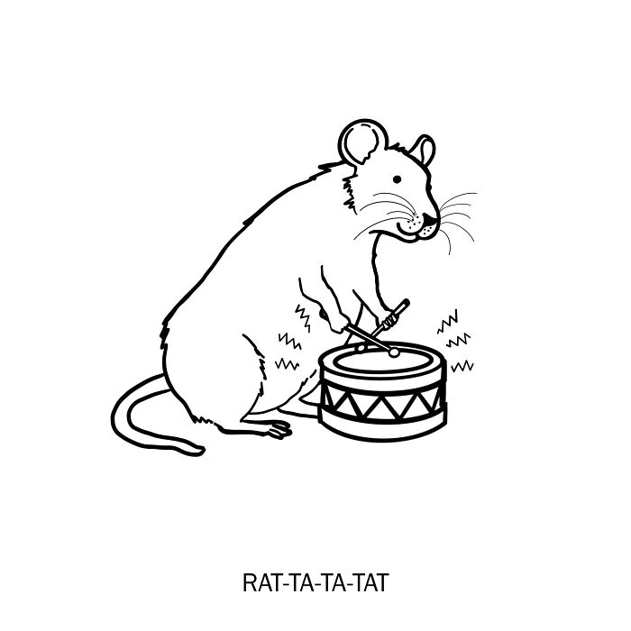 A rat rocking a drum set in a bold, minimalist sketch that drums up wordplay fun.
