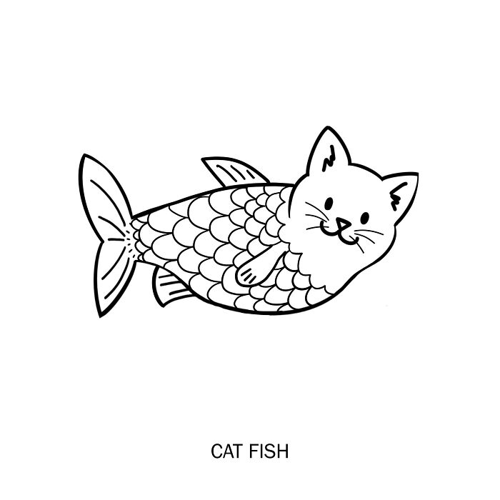 A cat with fish scales swims into view, blending feline charm with aquatic flair in a clever doodle.