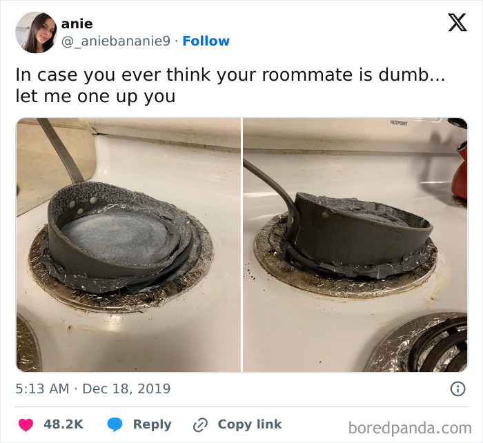 A burnt and melted pot on a stove burner, a hilarious kitchen mishap.