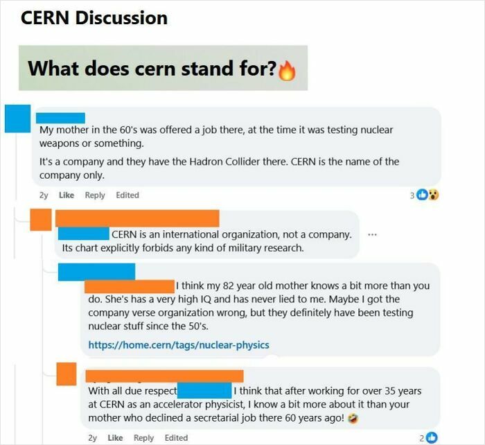 Online group roasting confident errors in a fiery CERN debate thread.