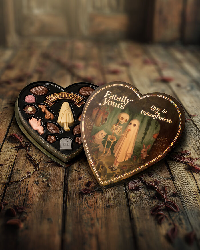 A heart-shaped chocolate box with a spooky, whimsical design, surrounded by crisp autumn leaves.