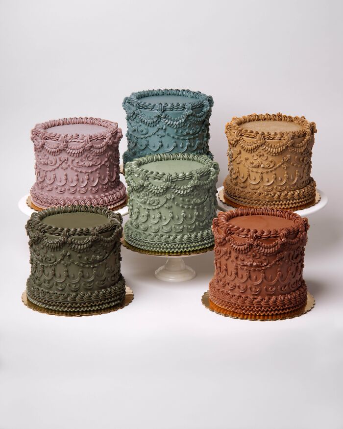 Six gorgeous vegan cakes in earthy tones, each adorned with intricate, unique patterns.