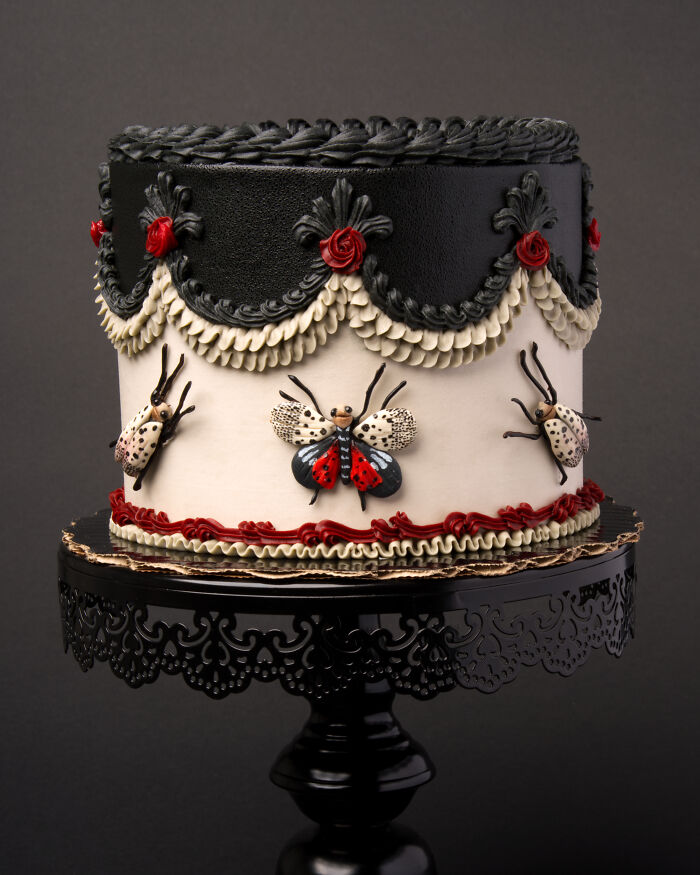 A bold vegan cake with edible bugs, bursting with creative designs.