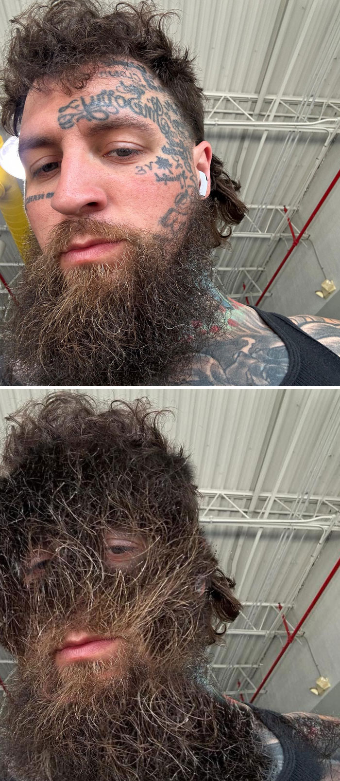 Bearded man’s face hilariously covered by his own beard in creative edits.
