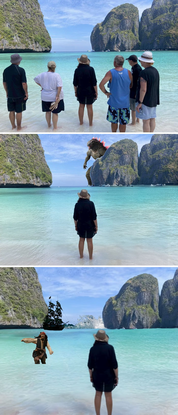 Tropical beach scene with Godzilla and pirate ship in funny photo edits.