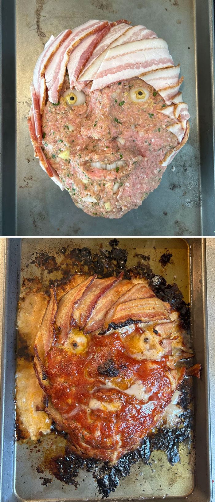A raw and burnt meatloaf with bacon hair shaped like a face, a funny kitchen disaster.