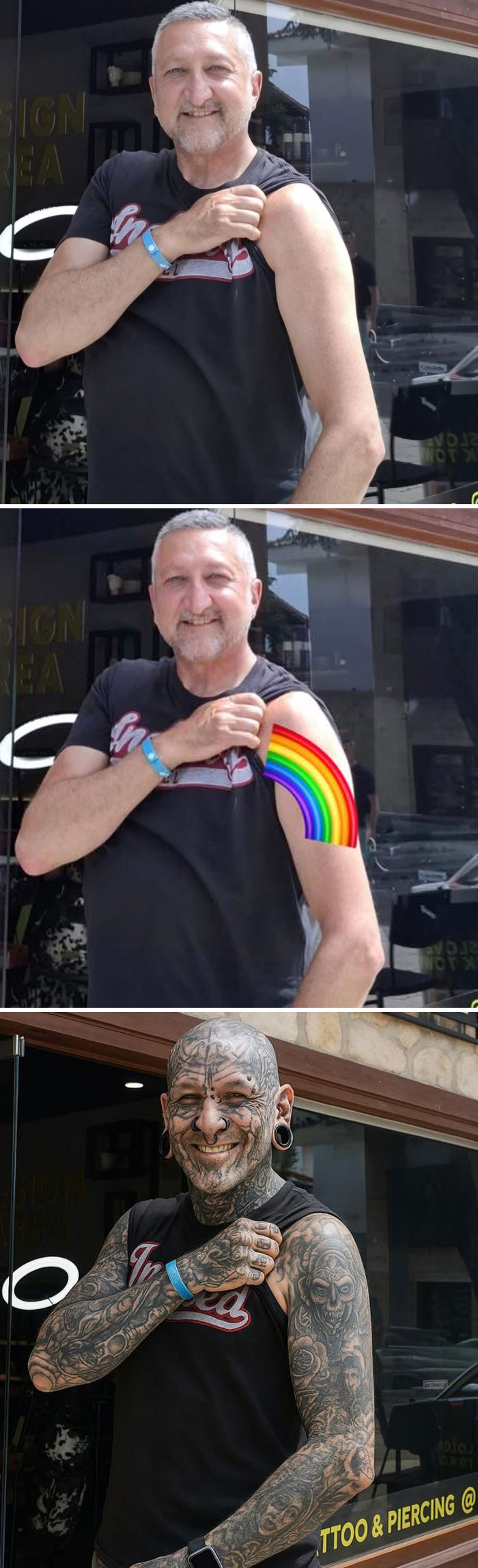 Man shows off a colorful fake tattoo sleeve in hilarious photo edits.