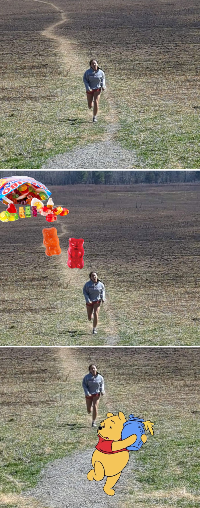 Woman chased by gummy bears and Winnie the Pooh in funny edits.