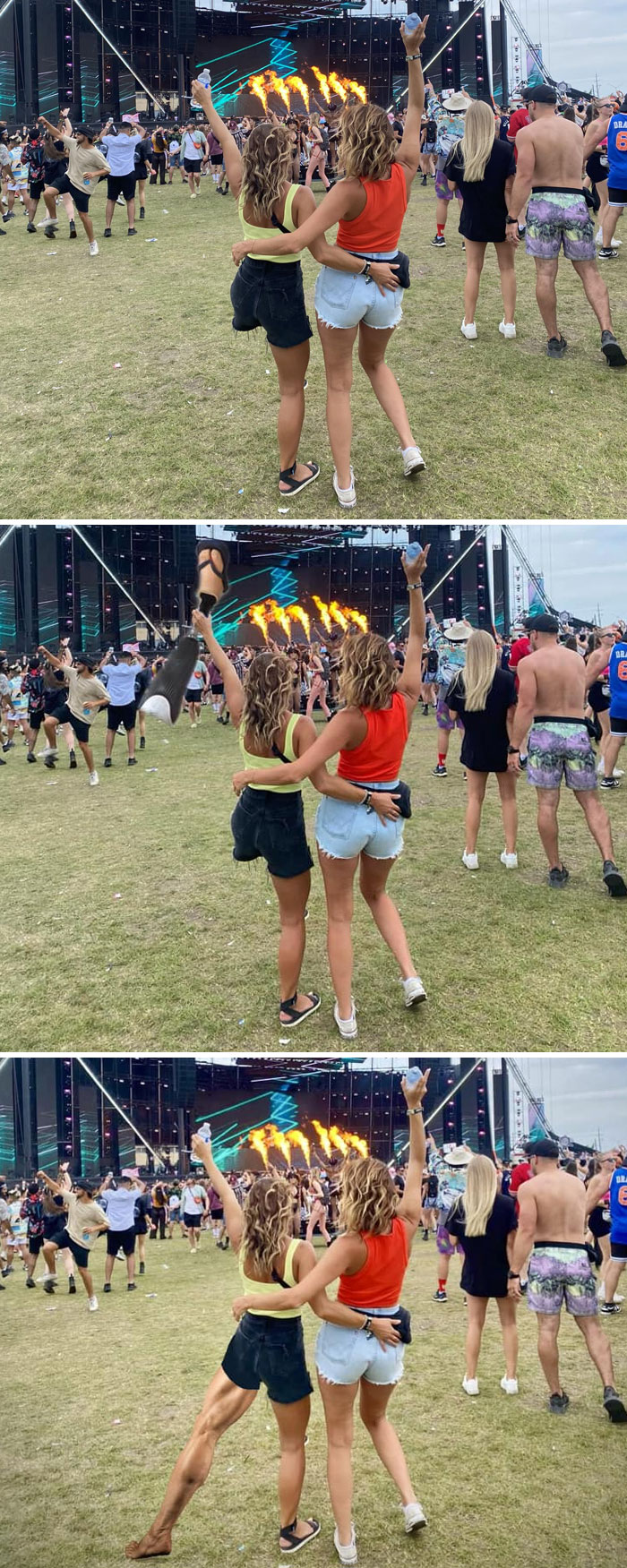 Music festival photo with funny, creative leg edits by strangers.