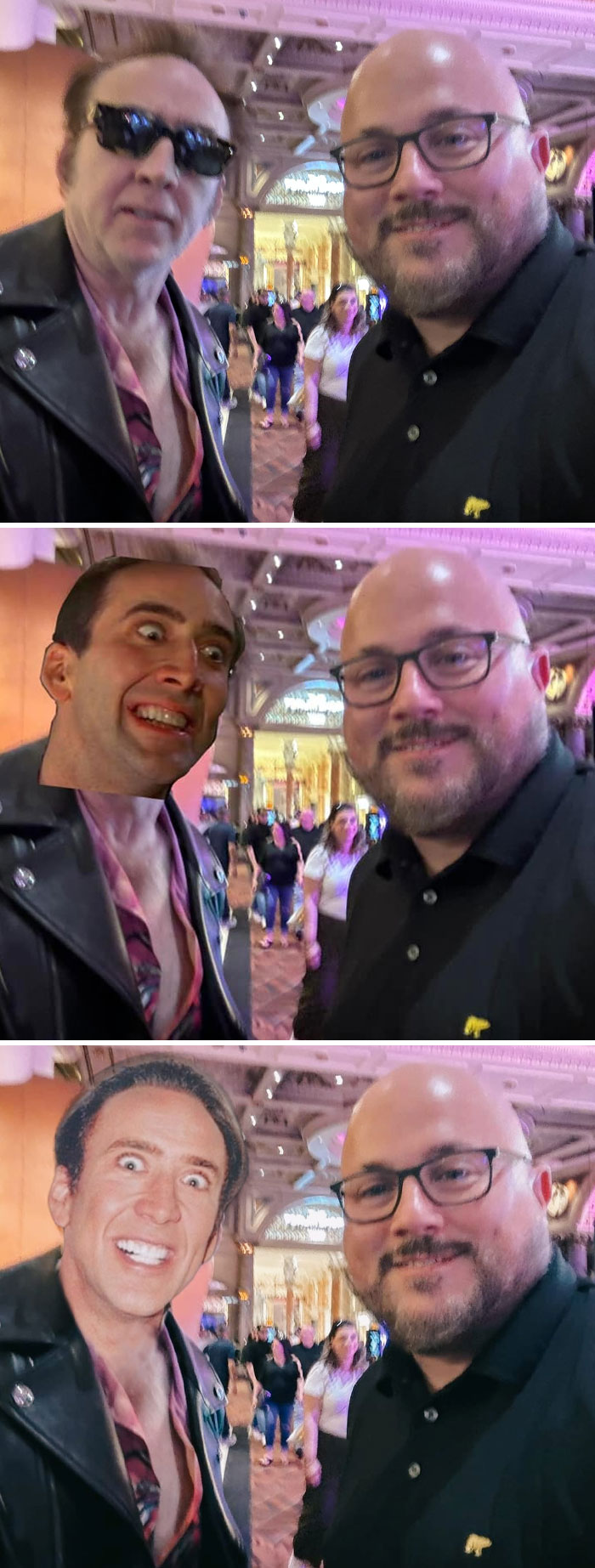 Selfie with funny face swaps in a quirky indoor setting.