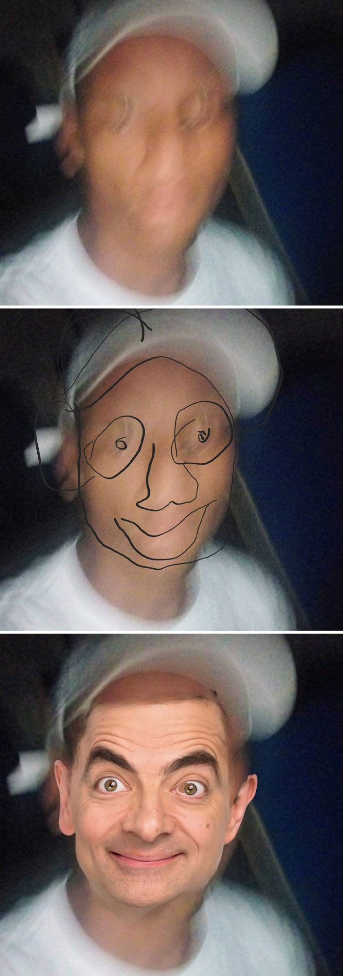 Blurry photo turned into a funny cartoon sketch and face swap masterpiece.