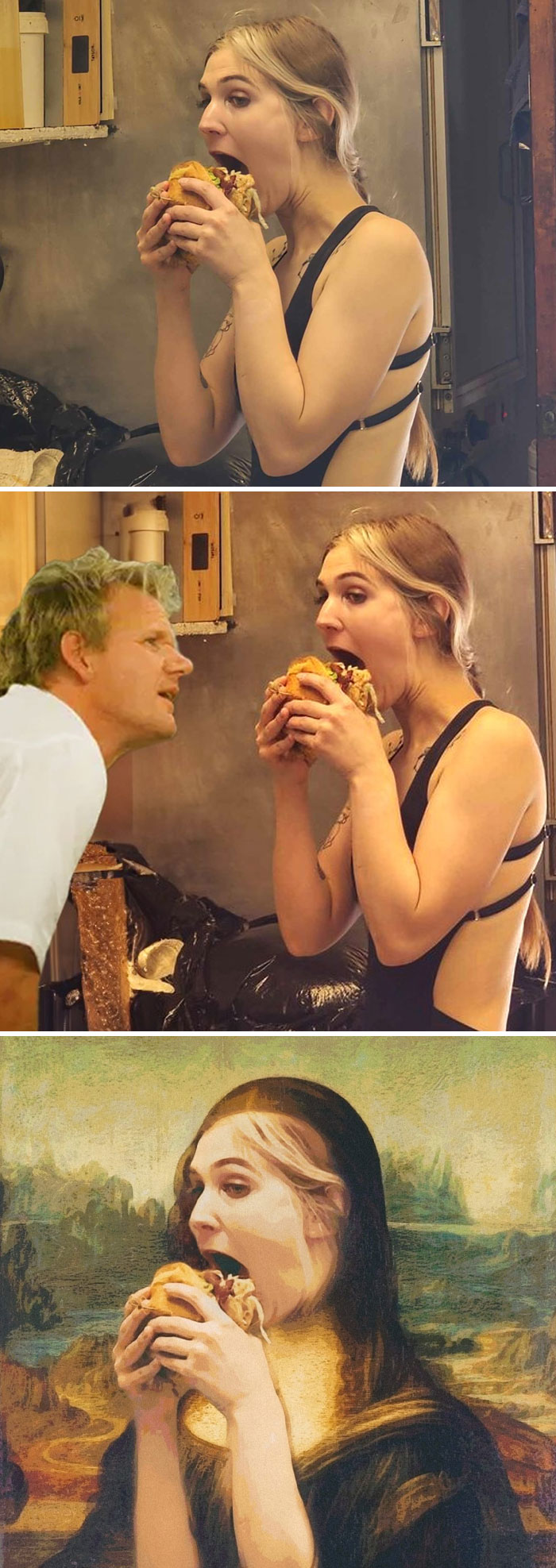 Woman with a sandwich in a Mona Lisa-inspired funny edit.