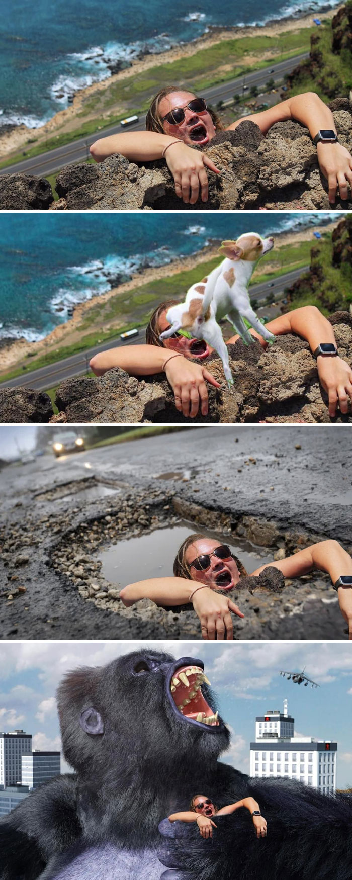 Woman in a quirky, hilarious photo edit with creative twists by strangers.