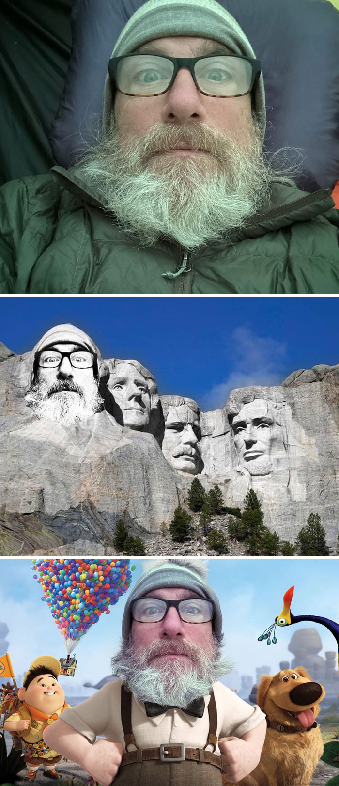 Bearded hiker morphed into Mount Rushmore and cartoon scenes.