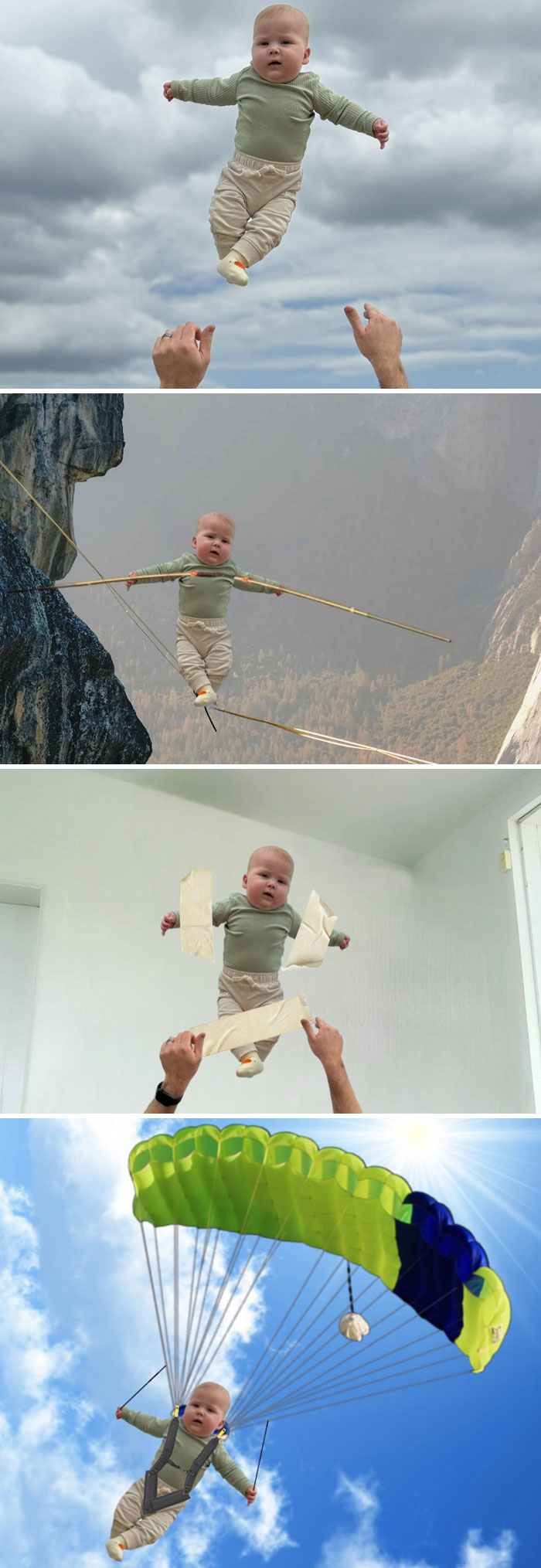 Baby floating in a whimsical, stranger-edited photo adventure.