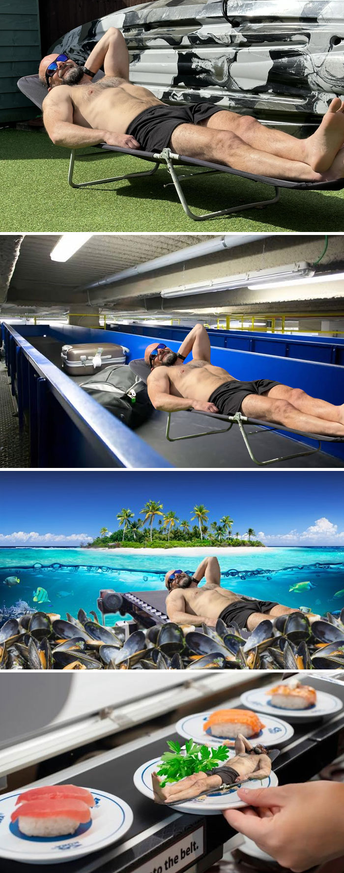Man chilling in funny, exotic photoshopped destinations.