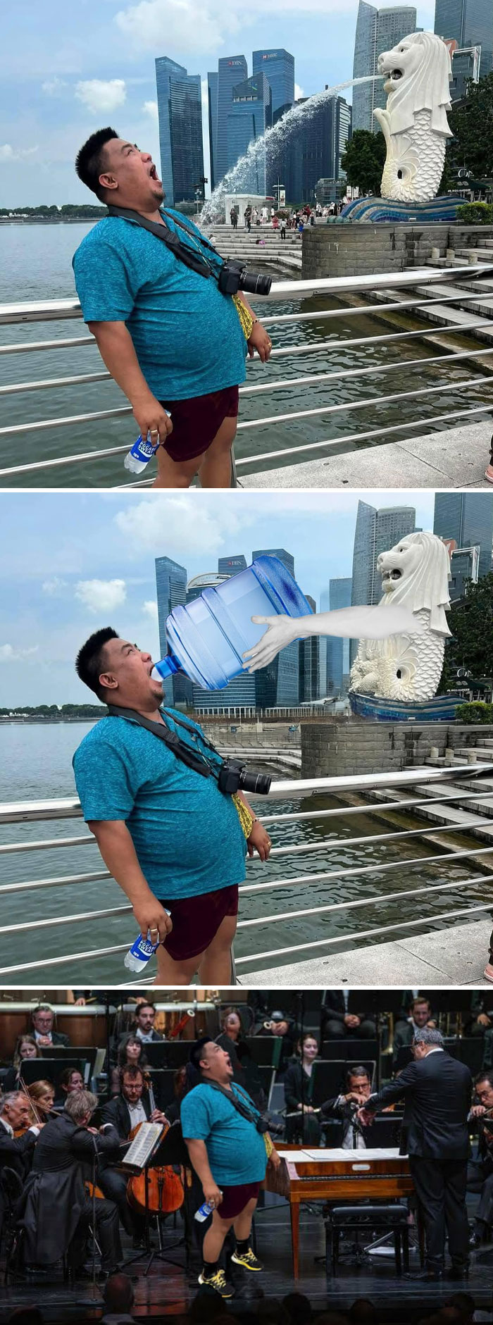 Man by Merlion statue in hilarious, creative photo edits.